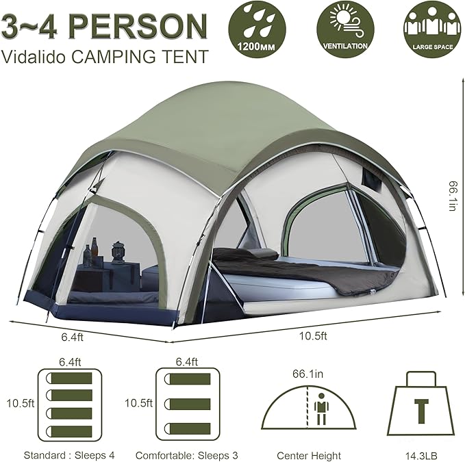 Vidalido 3-4 Person Camping Tent with 2 Large Mesh Door 4 Mesh Window Family Tents, Double Layer Waterproof Portable Easy Setup Camp Tent, Canvas Dome Tents for Camping Outdoor Hiking and Backpacking