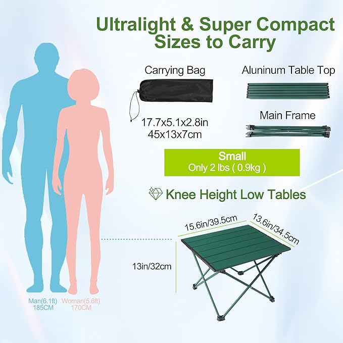 Tesouro Portable Camping Table,Folding Side Table Aluminum Top for Outdoor Cooking, Hiking, Travel, Picnic (Blackish Green-Small)