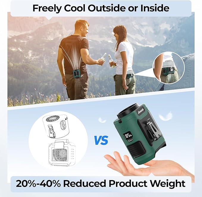 AMACOOL Portable Waist Fan Clip On, MAX 40H Runtime, 10000mAh Rechargeable Wearable Shirt Fan, 16000RPM Powerful 5 Speed Belt Fans Personal Cooling Fans for Outdoor Camping Travel (Dark Green)