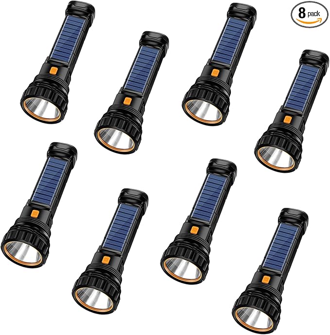 Solar/Rechargeable Multi Function 1000 Lumens LED Flashlight, with Emergency Strobe Light and 1200 Mah Battery, Emergency Power Supply and USB Charging Cable, Fast Charging (8PC)