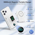 Magnetic Portable Charger for iPhone with Built-in Cables, 6-in-1 10800mAh Power Bank with iWatch Charger & LCD Display,25W Fast Charging Battery Pack for iPhone 16/15/14/13/12,Apple Watch (White)