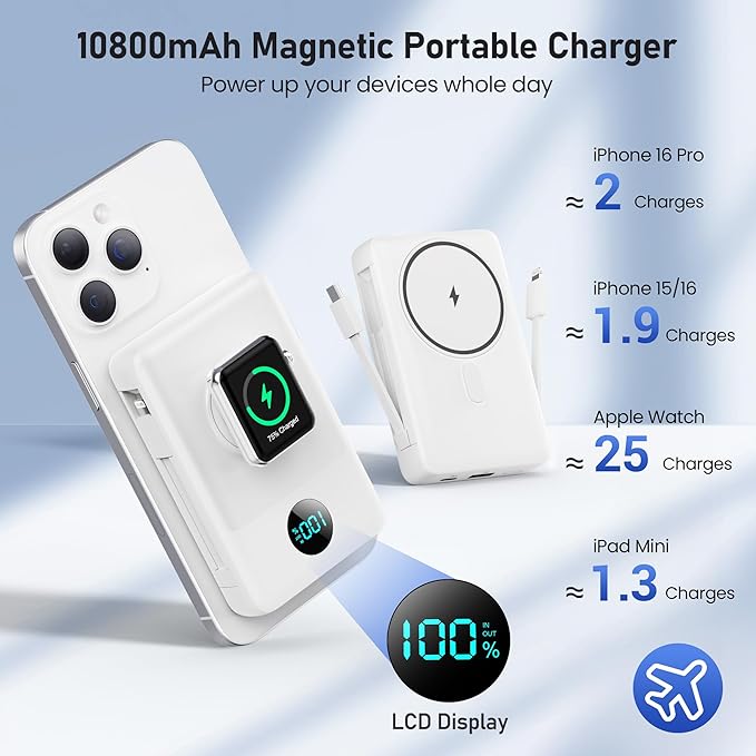 Magnetic Portable Charger for iPhone with Built-in Cables, 6-in-1 10800mAh Power Bank with iWatch Charger & LCD Display,25W Fast Charging Battery Pack for iPhone 16/15/14/13/12,Apple Watch (White)