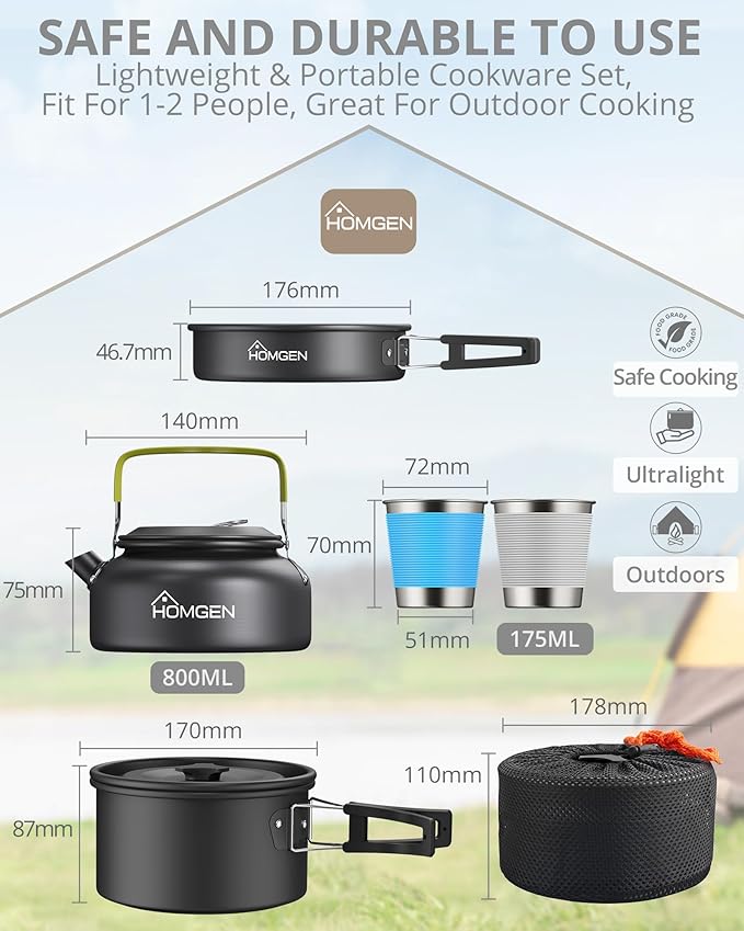 HOMGEN 12-Pieces Ultralight Anodized Aluminum Camping Cookware Set for 2 People - Nesting Pot/Pan with Foldable Handles 800ml Insulated Teapot & Stainless Cups for Camping Hiking