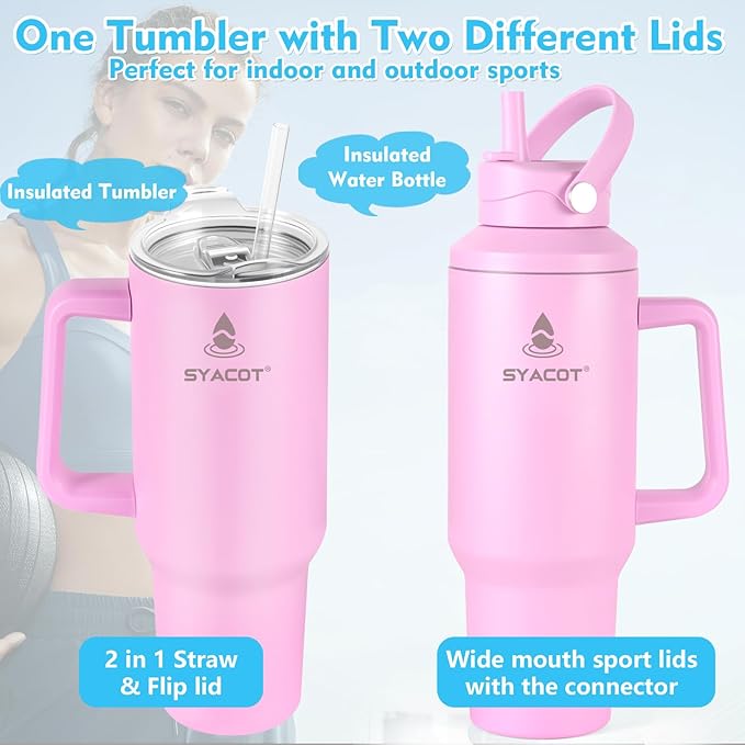 40 oz Tumbler with Handle and Straw or Convert to 40 oz Insulated Water Bottle Fits in Cup Holder. Stainless Steel Metal Water Flask with 2 Lids for Travel,Camping,Gym Sports Coffee Mug Thermal Cup