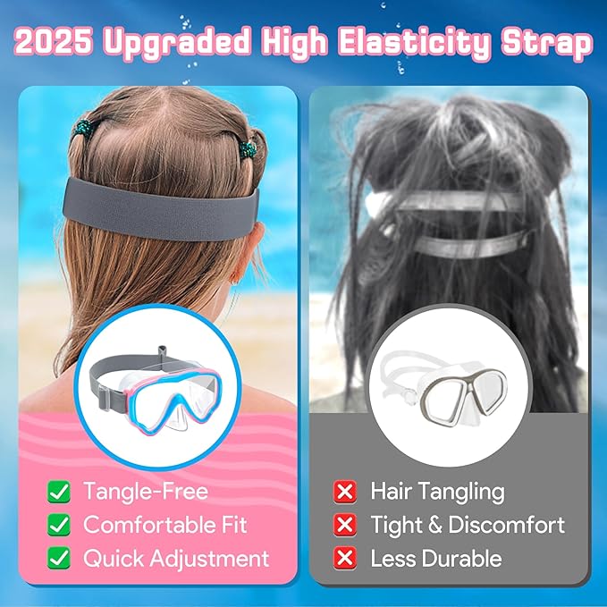 Vvinca Snorkeling Gear for Kids Dry Top Kids Snorkel Set for Boys Girls Junior Youth Children Age 4-14 Swim Goggles with Nose Cover Anti-Fog Panoramic View Adjustable Elastic Diving Mask and Snorkel