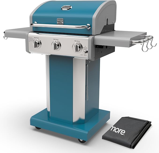 Kenmore 3-Burner Propane BBQ Grill, 30,000 BTUs Gas Grill with Cast Iron Cooking Grates, Folding Side Tables & Wheels, Outdoor Grill with Tool Hooks, Teal + Bonus Cover