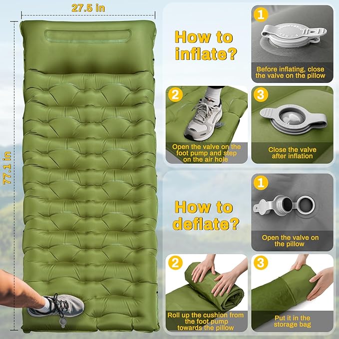 Camping Sleeping Pad, Extra Thick 6 Inch Inflatable Camping Mat with Pillow, Built-in Foot Pump Sleeping Pad for Camping Ultralight Self Inflating Campings Pad for Tent Backpacking Hiking Camp Gear
