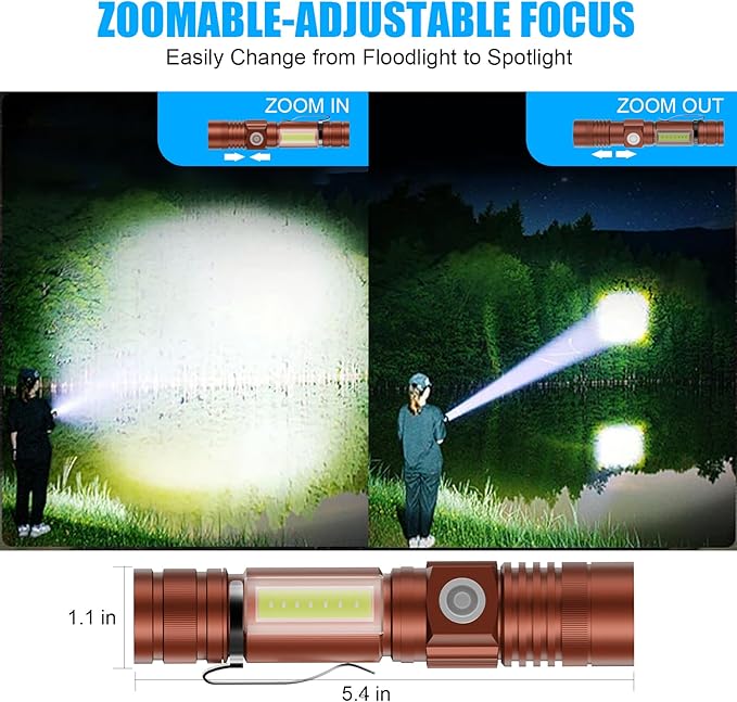 Hoxida Flashlight USB Rechargeable, Magnetic LED Flashlight, Super Bright LED Tactical Flashlight with Cob Sidelight, Waterproof, Zoomable Best Small LED Flashlight for Camping, Emergency - Brwon