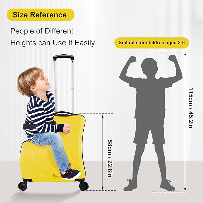 24 Inch Kid Ride Suitcase, Kid Luggage Seat Ride With Lock - Kids Travel Trolley With Safety Belt, Kids Luggage With Wheels Child Stroller Spinner Luggages, ABS+PC (Yellow, 6-12 Years)