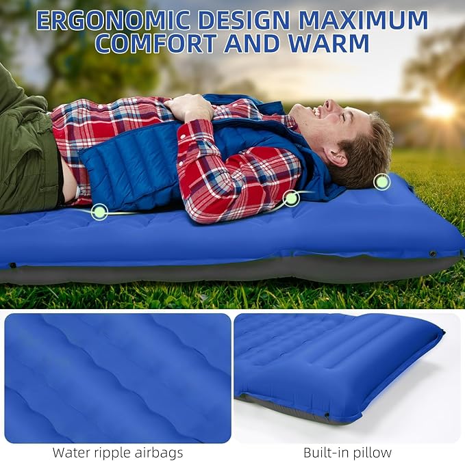 Double Sleeping Pad Camping, Self Inflating 6'' Extra-Thick 2 Person Pillow Built-in Foot Pump Waterproof Inflatable Sleeping Mat Backpacking, Tent, Hiking, Portable Camping Pad