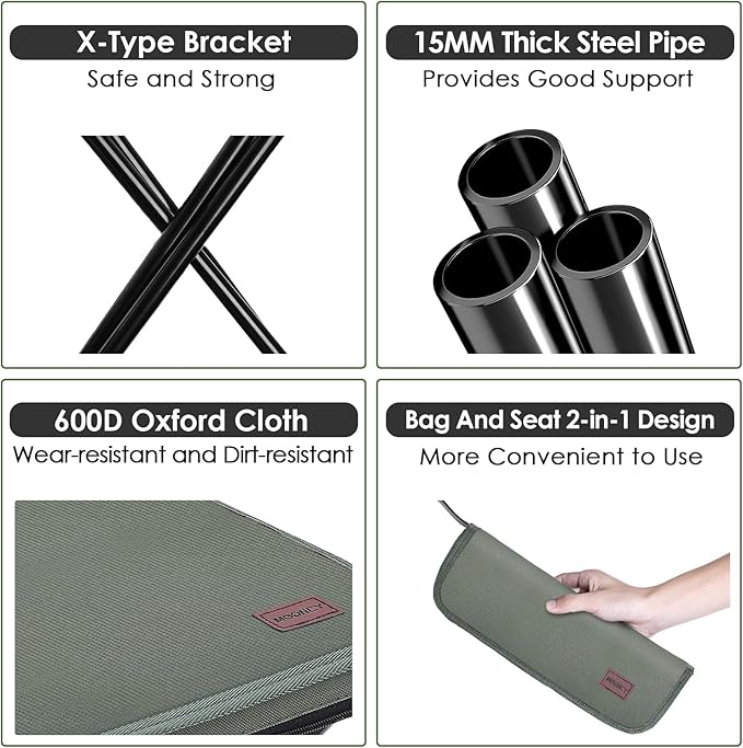 MOONCY Portable Stool, 13 Inch Small Folding Stool for Adults, Ultralight Green Camping Stools for Hiking and Fishing, Hold Up to 265 LBS