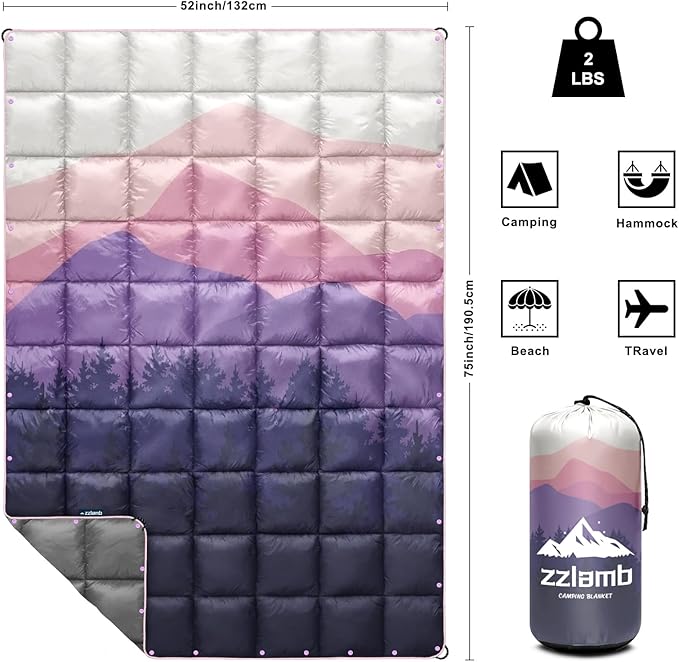 zzlamb Camping Blanket, Outdoor Lightweight Travel Blanket Puffy Portable Down Alternative, Windproof Warm Cloak with Snaps, Cozy Quilt Backpacking Picnic RV Plane Car Hammock Beach Climbing