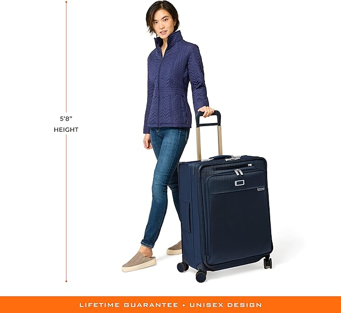 Briggs & Riley 26" Medium Expandable Spinner - Checked Luggage for Travel, Suitcases with Wheels, Softside Rolling Bag for Men & Women, Self-Repairing Zipper - Baseline Collection, Navy