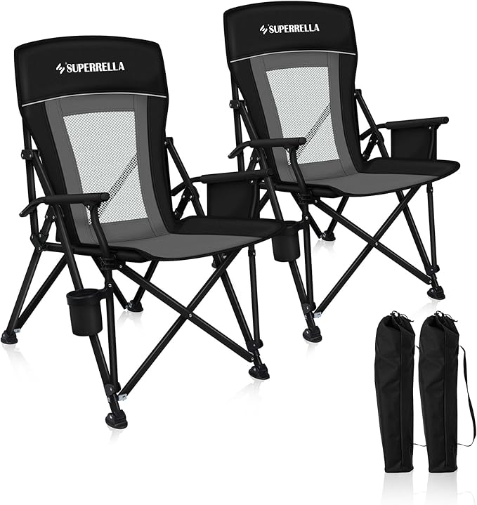 Camping Chair Portable Folding Lawn Chair Comfortable Hard Arm Sturdy for Family Camp, Outdoor, Sports, Beach, Travel, Support 400 lbs, Black&Grey