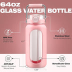 BLUEGO 64oz Water Bottle Glass with Stainless Steel Handle Large Water Bottle with Time Markers and Silicone Sleeve Half Gallon Water Jug BPA Free for Gym Daily Use, Pink