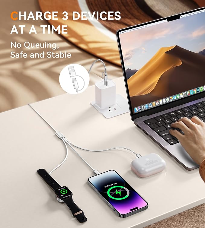 Temdan 2Pack for Apple Watch Charger, 3 in 2 Multi Charging Cable, iPhone Charger, USB A/Type C/Lightning Cable, Portable Travel Essentials Designed for iWatch Ultra/SE/11-1 & iPhone 17-12/ iPad-5Ft