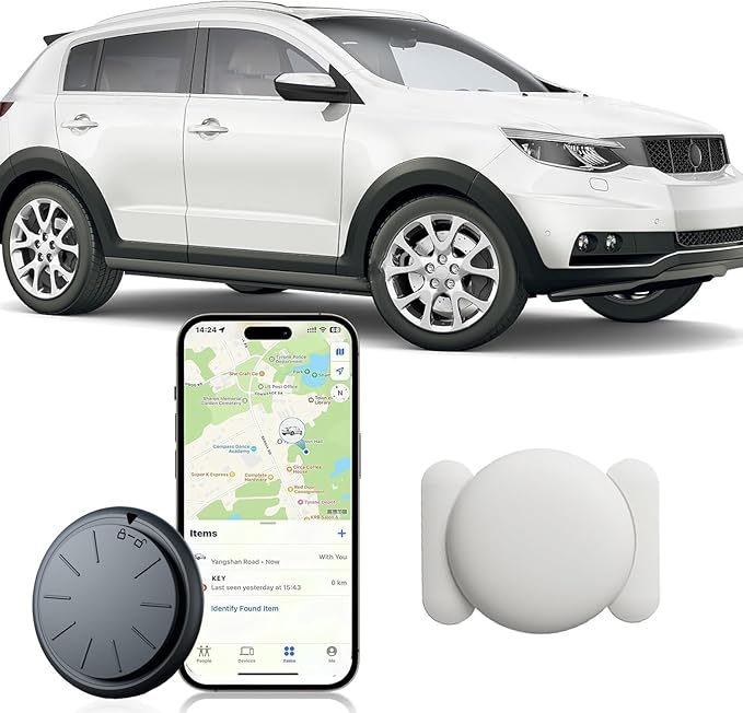 Hongtop GPS Tracker for Vehicles No Monthly Fee,Real Time Car Mini GPS Tracker Work with Apple Find My(iOS Only),Hidden Car Tracker with Magnetic Case (1PCS Black Tracker, White Magnetic Case)