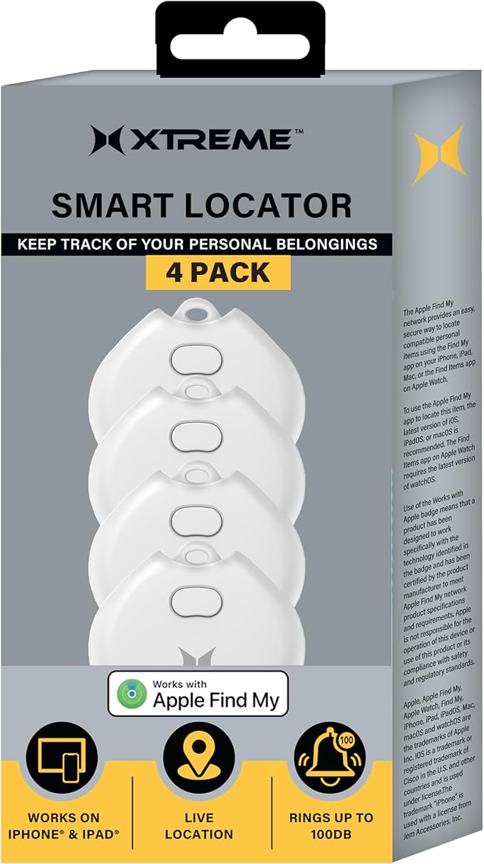 Xtreme Rechargeable Air Tracker Tag 4 Pack, Key Finder Compatible with Apple Find My App for iOS iPhone, GPS Live Location Tracker, USB-C Charging, 100dB Alert, Keychain Attachment, Air Locator
