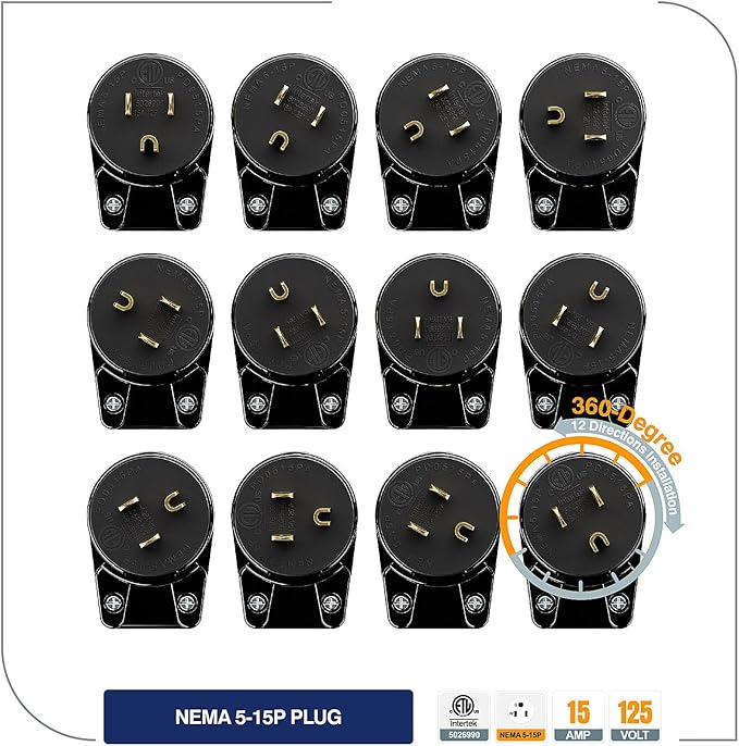(3PACK) ETL Listed 90 Degree USA Canada Male Plug Nema 5-15P 3 Pole Angle DIY Plug, 15A 125V USA 3Pin Right Angle AC Plug