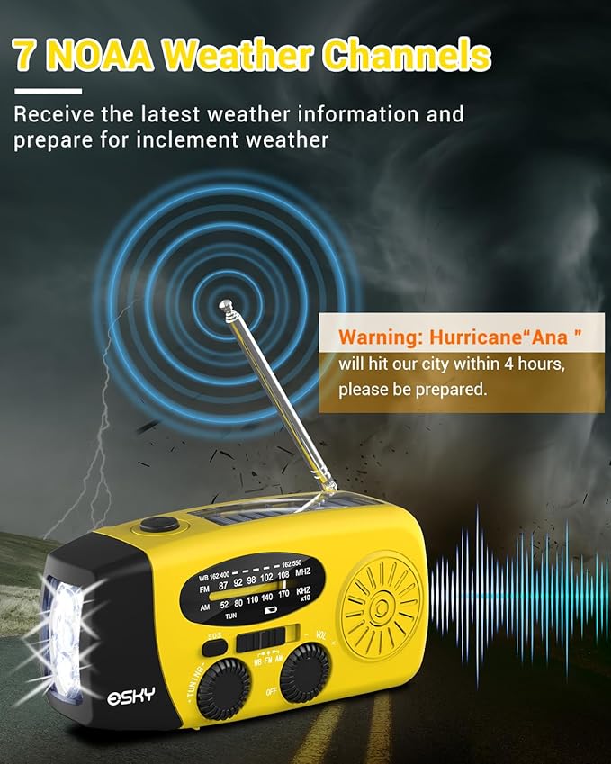 Esky Emergency Hand Crank Radio with 3 LED Flashlight, AM/FM/NOAA Portable Weather Radio with 2000mAh Power Bank Phone Charger, Solar Powered USB Charged Radio for Indoor Outdoor Camping, SOS Alarm