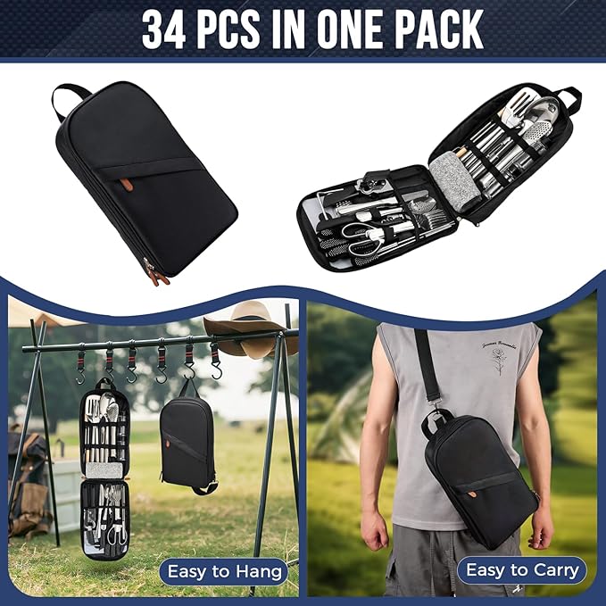 Portable Camping Kitchen Utensil 34 Pcs Set- Cookware Kit, Stainless Steel Outdoor Cooking and Grilling Utensil Organizer Travel Set Perfect for Travel, Picnics, RVs, Camping, BBQs, Parties