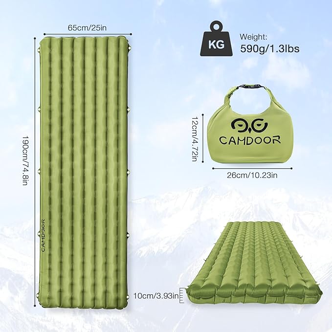 CAMDDOR Ultralight Sleeping Pad, Patchworkable Sleeping Pad for Camping with Warm 6.8 R-Value Insulated Camping Mattress for Hiking, Backpacking, Outdoor with Inflatable Bag