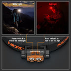 NICRON H15T Headlamp Rechargeable, 500 Lumens LED Headlamp with Red Light, IP67 Waterproof 8 Modes Head Leamps for Camping Running Fishing Adults