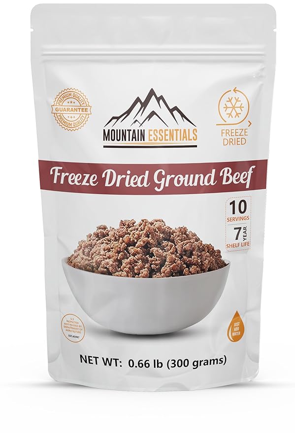 MOUNTAIN ESSENTIALS Freeze-Dried Ground Beef – Pre-Cooked and Ready-to-Eat Hamburger Meat | Everyday Meal Prep, Emergency Food Supply, Camping and Survival Food | 10 Servings per Pouch | Made in USA | 7-Year Shelf Life | Pack of 1