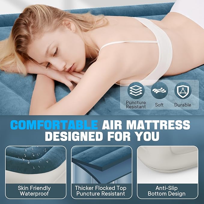 Queen Air Mattress with Built-in Pump,Fast & Easy Inflation/Deflation Inflatable Mattress, Foldable Blow Up Mattress with Storage Bag, Inflatable Bed for Home, Camping & Guests