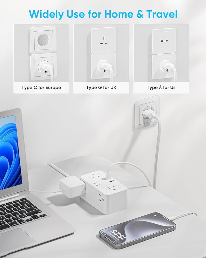 Kakyanill UK Adapters for Travel, US to UK Plug Adapter, 6 AC Outlets, 4 USB Ports (2 USB C), 3ft Wrapped Around Extension Cord, Type G Plug Adapter, for UK Ireland Hong Kong Travel