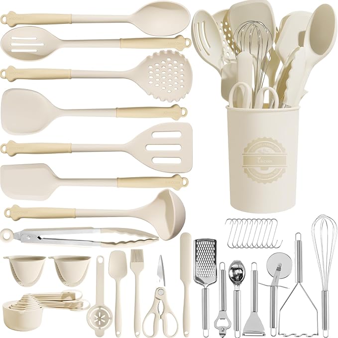 Kikcoin 43Pcs Large Kitchen Utensils Set - Silicone Cooking Utensils Set, Dishwasher Safe Spatula Set for Non-stick Cookware, 446°F Heat Resistant Kitchen Utensils Set with Holder BPA Free, Cream