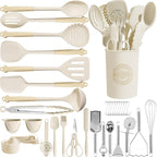 Kikcoin 43Pcs Large Kitchen Utensils Set - Silicone Cooking Utensils Set, Dishwasher Safe Spatula Set for Non-stick Cookware, 446°F Heat Resistant Kitchen Utensils Set with Holder BPA Free, Cream