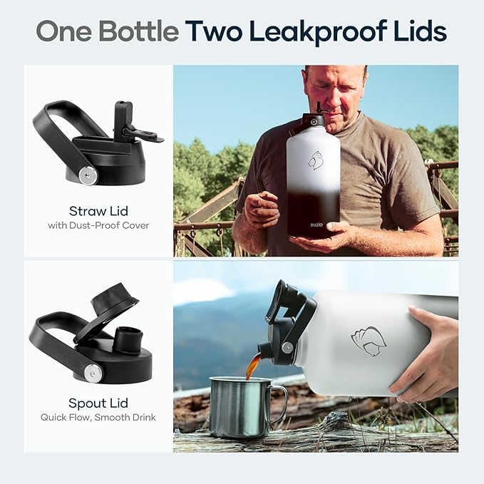 BUZIO 1 Gallon Water Bottle, 128oz Insulated Water Jug Double Walled Vacuum Stainless Steel Travel Flask (Cold for 48 Hrs), Leak Proof BPA-Free Large Canteen with Straw Lid, Black White