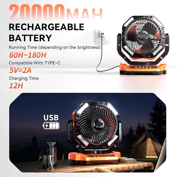 Camping LED Fan with Light, 40000mAh Rechargeable Battery Powered Outdoor Tent Fan with Light and Hook, 4 Speed, Personal USB Desk Fan for Camping, Fishing, Power Outage,Hurricane, Worksite