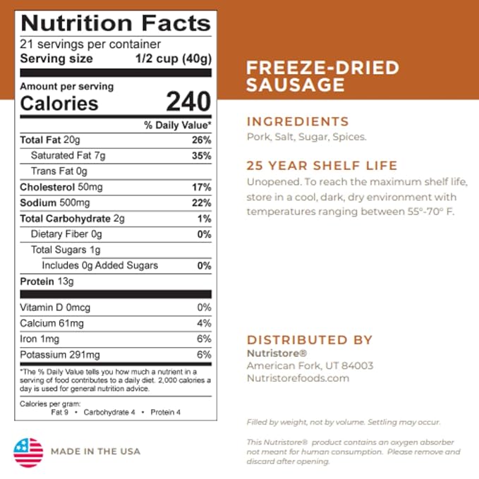 Nutristore Freeze Dried Sausage Crumbles | Survival Emergency Food Supply, Meal Prep, Camping | Made in USA | 25 Year Shelf Life | #10 Can, 29.6 oz