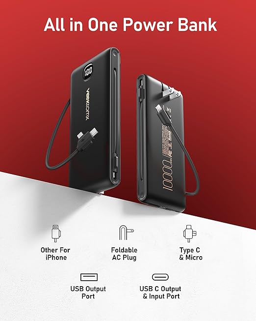 Portable Charger Power Bank Built in Cables and Wall Plug, 10000mAh iPhone Battery Pack Fast Charging, USB C External Slim Power Bank, Travel Essentials Compatible with iPhone 17 16 15 14 iPad, Black