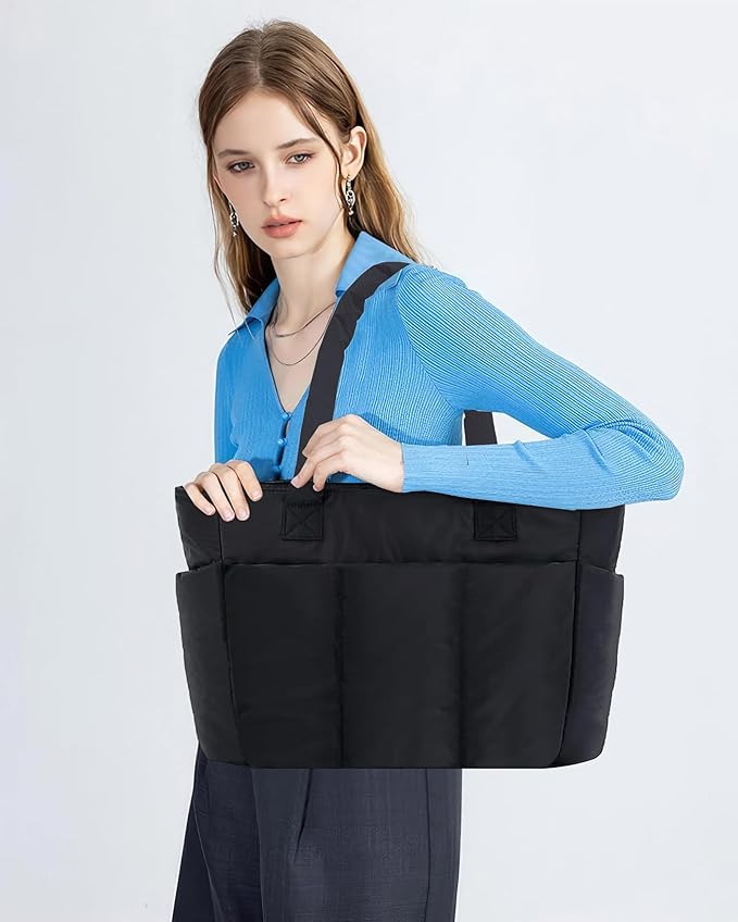 Puffer Tote Bag for Women, Quilted Bag with Zipper, Small Tote HandBags for Work, Travel