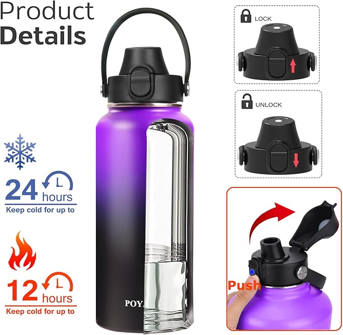 Water Bottle Insulated 32oz 40oz 64oz 128oz Straw Lid Spout Lid & 3 Lids, Leak Proof, Vacuum Insulated,Stainless Steel Water Bottle Wide Mouth for Sports, Gym or Office