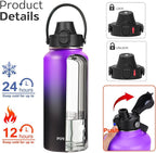 Water Bottle Insulated 32oz 40oz 64oz 128oz Straw Lid Spout Lid & 3 Lids, Leak Proof, Vacuum Insulated,Stainless Steel Water Bottle Wide Mouth for Sports, Gym or Office