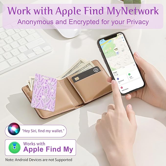 Wallet Tracker Card (iOS Only), Rechargeable Bluetooth Smart Tracking for Apple Find My Compatible Anti Tracker for Men Women Slim Item Locator for Purse Passport Key Luggage Tag (1Pcs/Purple FLR)