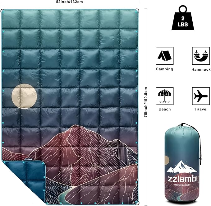 zzlamb Camping Blanket, Outdoor Lightweight Travel Blanket Puffy Portable Down Alternative, Windproof Warm Cloak with Snaps, Cozy Quilt Backpacking Picnic RV Plane Car Hammock Beach Climbing