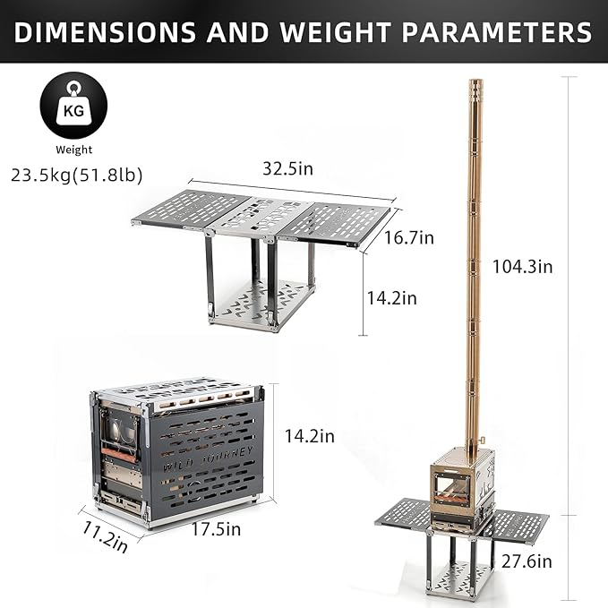 M8 Wood Burning Stove with Oven & Camping Table, Stainless Steel Portable IGT Hot Tent Stove, Including 6 Chimney Pipes, for Camping, Tents, Cooking and Travel Rose Gold