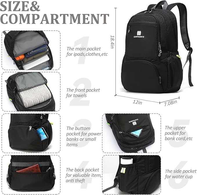 Lightweight Packable Travel Backpack, 30L Black Daypack Hiking Backpack for Women Men, Waterproof and Foldable, Travel Backpack Carry on Flight Approved