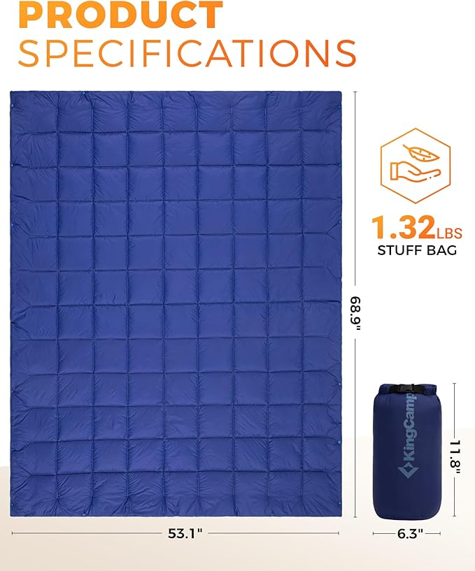 KingCamp Ultralight Camping Blanket, Packable Down Alternative Puffy Wearable Blankets Weatherproof Warm Package Quilt with Snap Buttons for Outdoor Hiking Travel Picnic Stadium (69" L x 53" W, Navy)