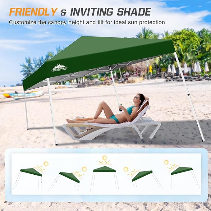 EAGLE PEAK 10x10 Slant Leg Pop-up Canopy Tent Easy One Person Setup Instant Outdoor Beach Canopy Folding Portable Sports Shelter 10x10 Base 8x8 Top (Green)