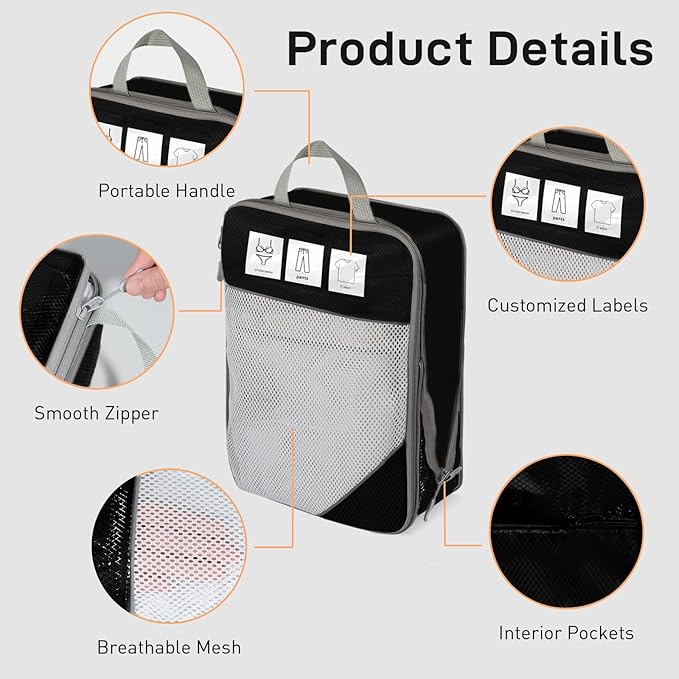 Compression Packing Cubes for Travel 6 Set Expandable Packing Organizers Durable Luggage Bags Organizers for Suitcases Travel Accessories (Black)