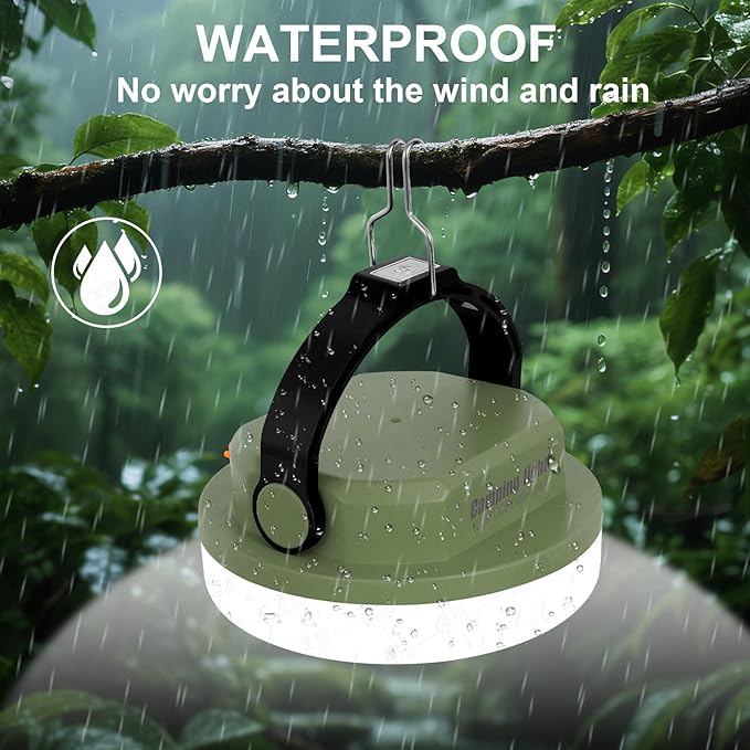 Outdoor Camping lamp Rechargeable lamp, Portable Lighting lamp. Equipped with 6 Brightness Settings, Tent lamp with Hook, Suitable for Power outages, Hiking, and Emergencies. (Army Green)