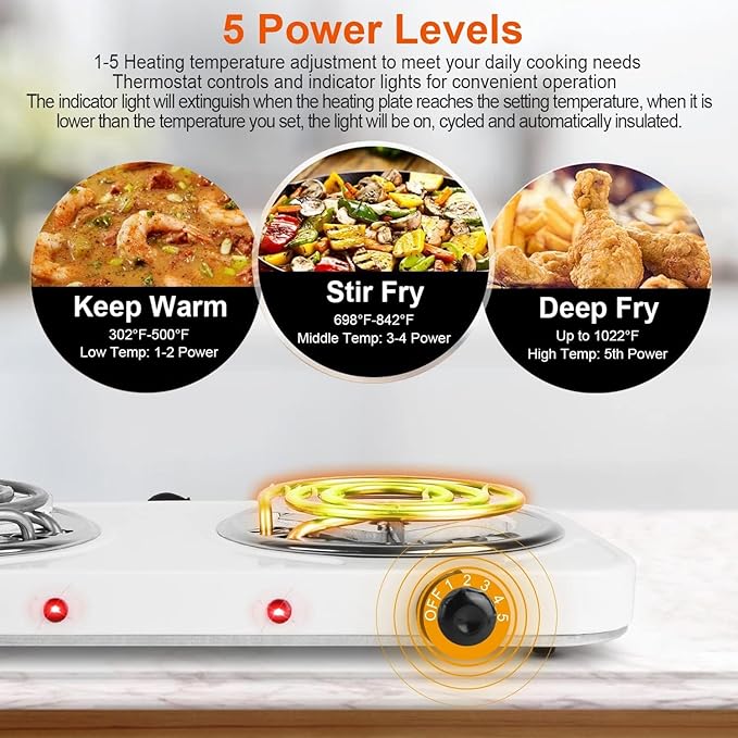 Hot Plate, 2000W Portable Electric Stove for Cooking with 5 Levels Adjustable Temperature & Dual Control, Countertop Double Coil Burner Cast Iron Cooktop for All Cookwares Home Camp RV, Black