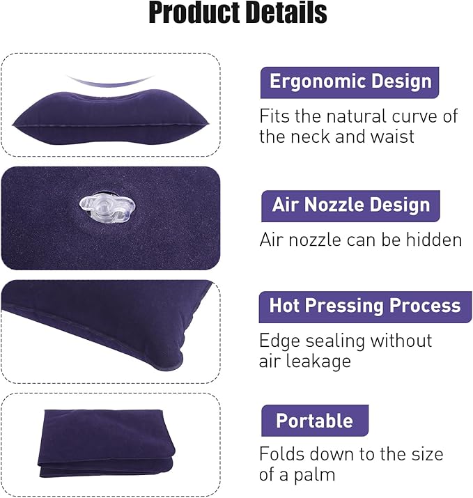 Inflatable Pillows for Camping,Ultra-light Portable Camping Pillows for Adults Soft Pvc Flocked Surface Blow Up Pillow for Traveling Hiking Beach Back Lumbar Support Pillow for Office Fishing (4)
