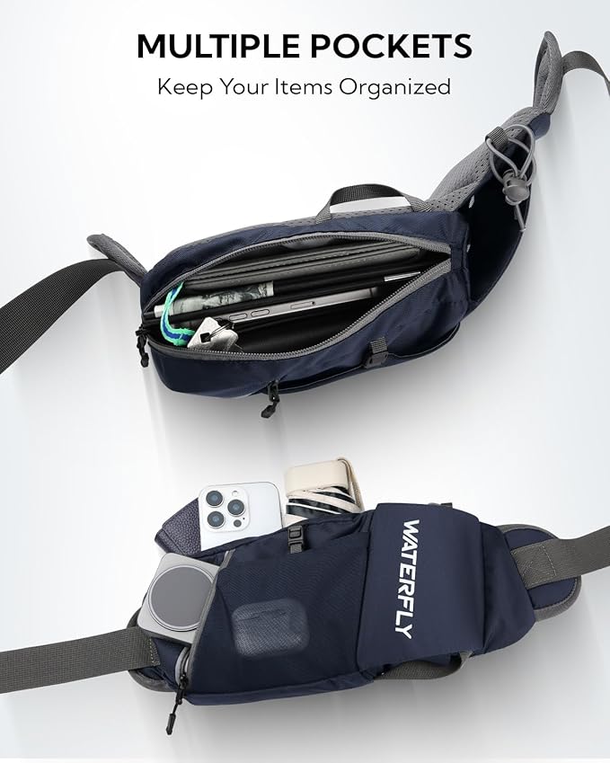 WATERFLY Fanny Pack Waist Bag: Hiking Water Bottle Holder with Strap Waist Pack for Women Men Hydration Hip Packs for Running Walking Traveling-Navy Blue